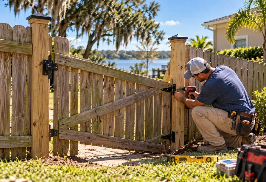 Fence contractor repairing a sagging wooden gate and securing a loose post at a Mount Dora home.