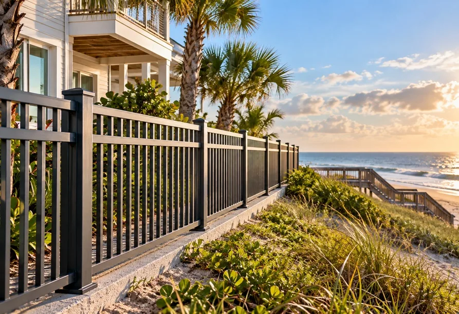 Corrosion-resistant aluminum fence surrounding a coastal home in Flagler Beach near the ocean and salt air.